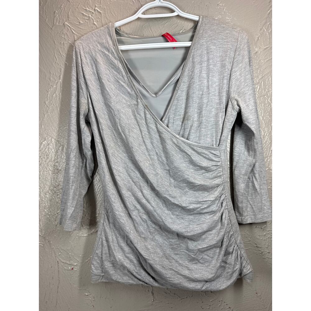 RUBY RIBBON Top Shapewear Faux Wrap‎ Silver Shimmer V-Neck Stretch Size Small